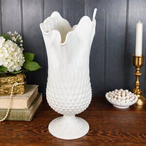 Vintage Fenton Milk Glass Hobnail Swung Pedestal Vase with Handkerchief Rim